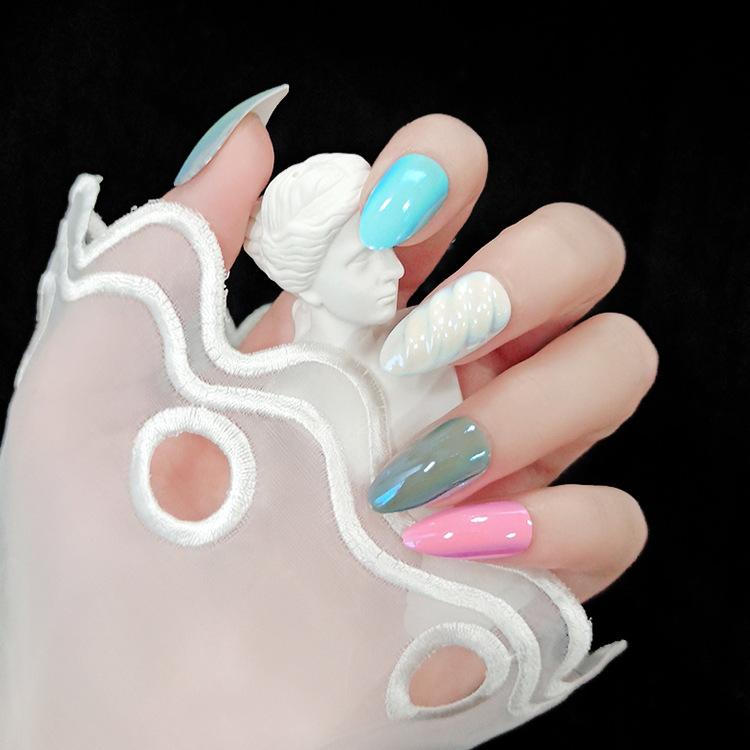 

False Nails 24pcs/set Mix Four Candy Color Magic Aurora Mirror Fake Wearable Press On Coffin Nail Tips Glue, Red;gold