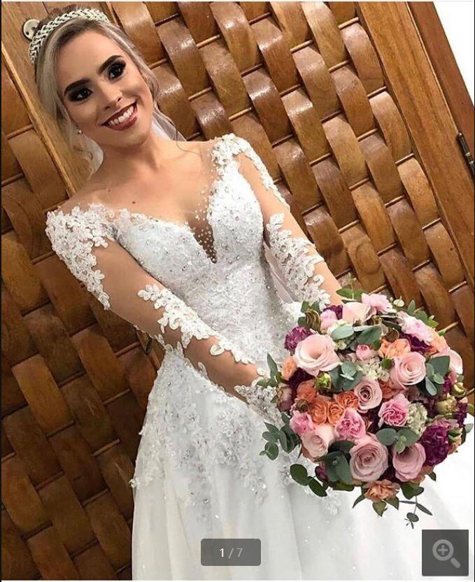 

2021 Vestido De Festa white tulle ball gown wedding dress lace appliques beaded sequins long sleeve modest bride dresses princess illusion back sexy bridal gowns, Ivory