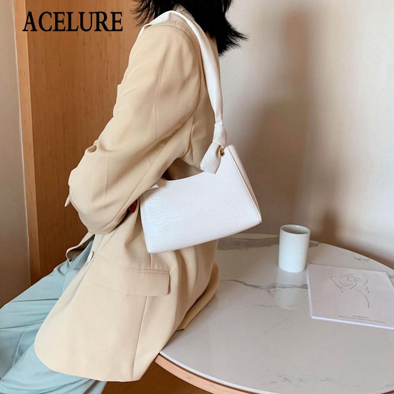 

ACELURE Solid Color Female Fashion Shopping Handbags Purse Underarm Bag for Women Alligator PU Leather Shoulder Crossbody Bags, Black