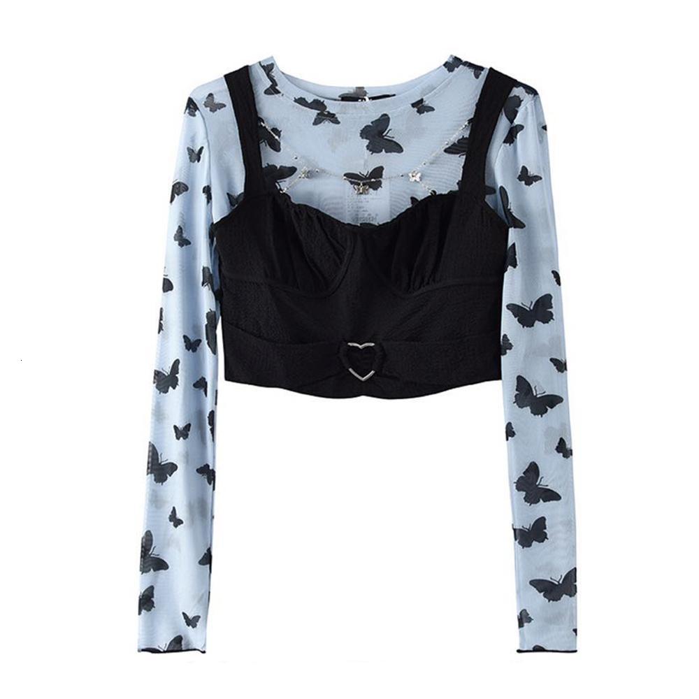 

2021 New Butterfly Print Mesh Blouse and Black Camisole Sexy 2 Piece Set Women Spring Autumn Harajuku Thin Long Sleeve Top Cropped 81wh, Only a chain