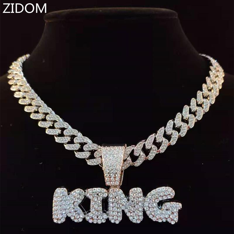 

Pendant Necklaces Men Hip Hop KING Letters Necklace With 13mm Miami Cuban Chain Iced Out Bling HipHop Male Charm Jewelry