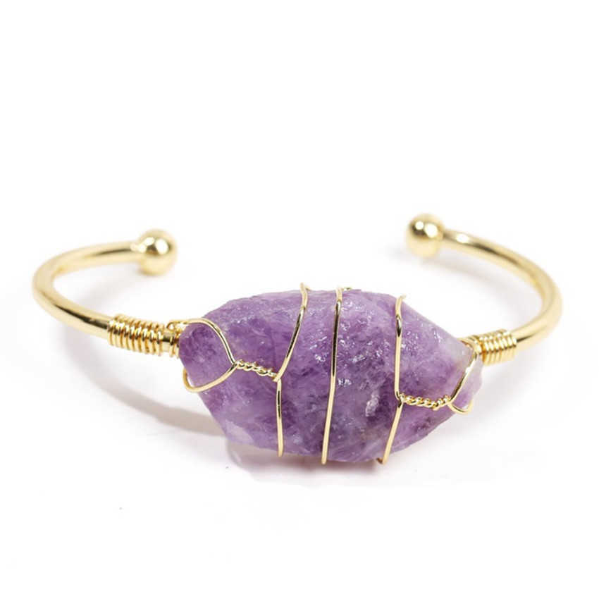 

Light Yellow Gold Color Wire Wrap Irregular Shape Amethysts Stone Open Bangle Rose Pink Quartz Jewelry Q0717