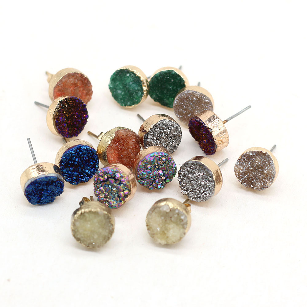 

12mm Natural Stone Color Plated Stud Druzy Drusy Quartz Crystal Stones Gold Studs Earrings Jewelry for Women