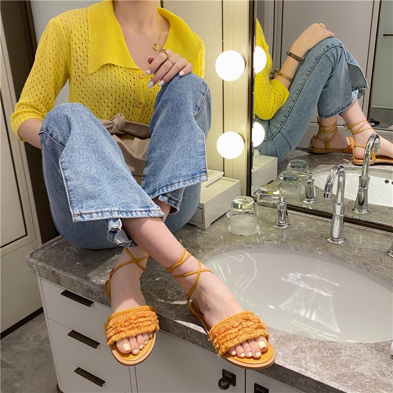 

Sandals Elastic Band 2021 Summer Black Shoes for Women All-Match Strappy Heels Open Toe Slip-on Fashion Beige Girls Flat Lace