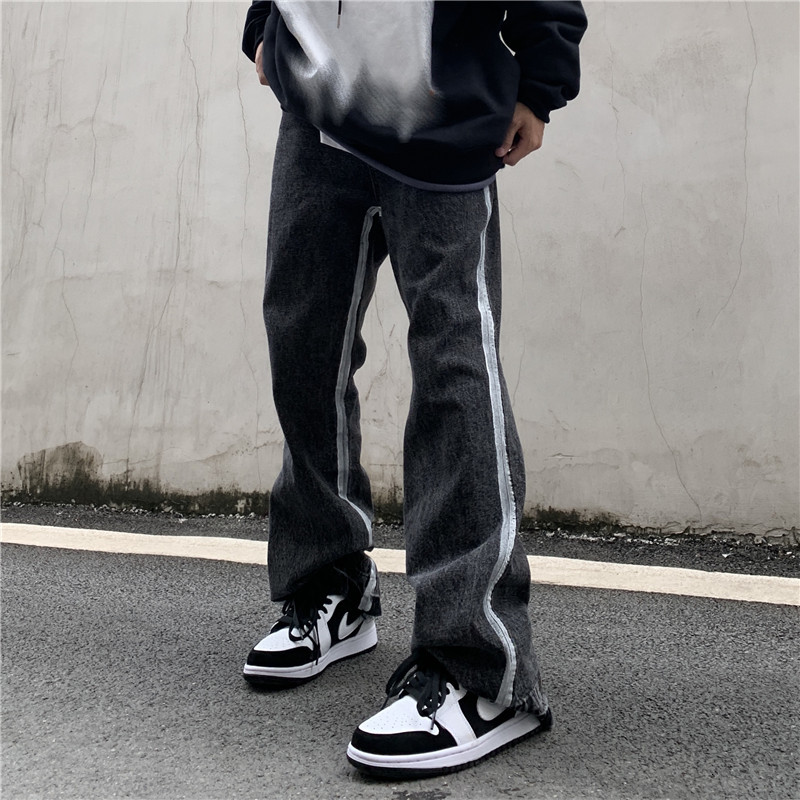 

2021 New Harajuku Hip-hop Retro-burnt Male Slacks Washed Side-striped Striped Long Leg Casual Denim Streetwear Brim Hjwz, Black