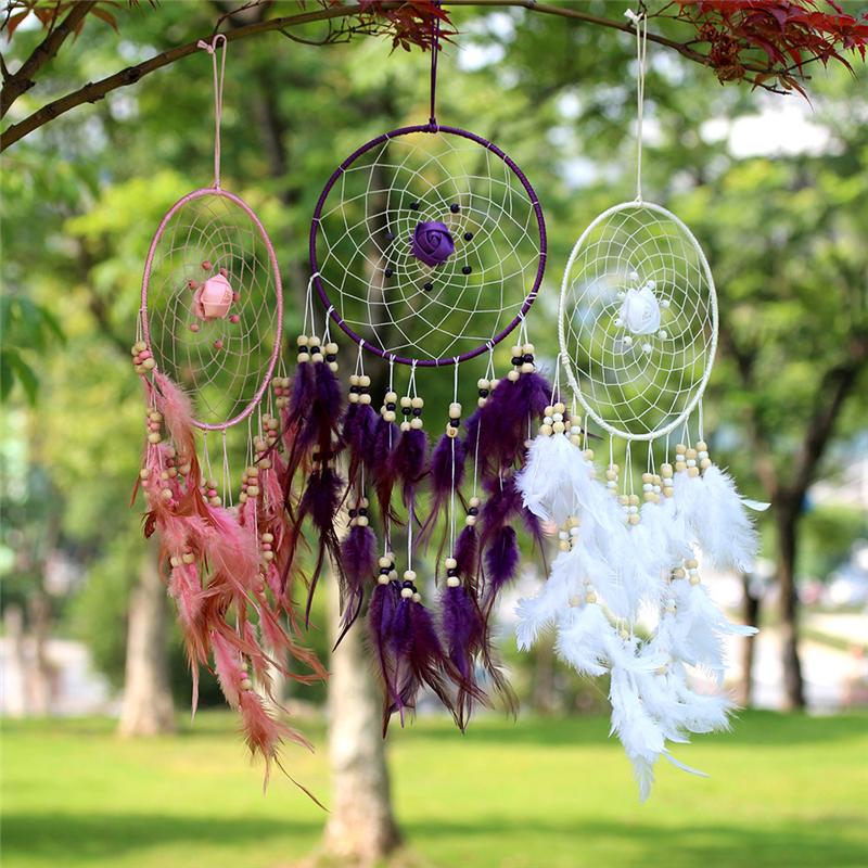 

Decorative Objects & Figurines Traditional 20cm Round Rose Dream Catchers Handmade Metal Circle Feather Hanging Dreamcatchers Christm