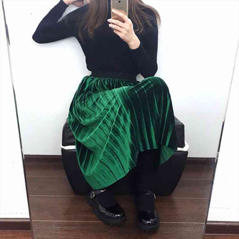 

Spring Summer Fashion Skirt High Waist Velvet Pleated Skirt Women Solid Elastic Waist Female, Black