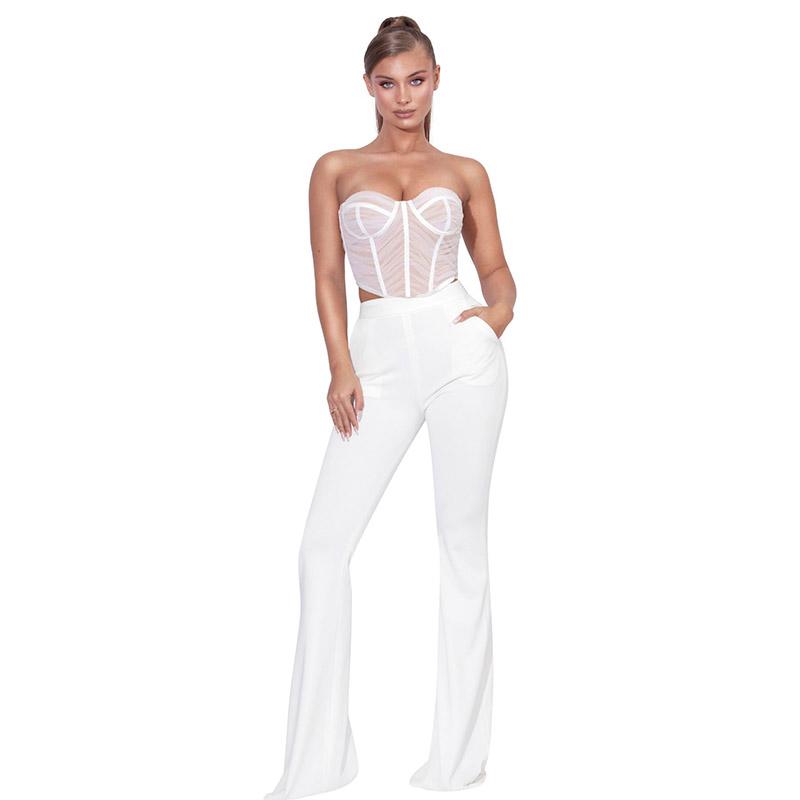 

Women's Two Piece Pants Sexy Off Shoulder Strapless Mesh Crop Top And White Long Casual Slim Women Pieces Set Summer Streetwear 2021 H1138