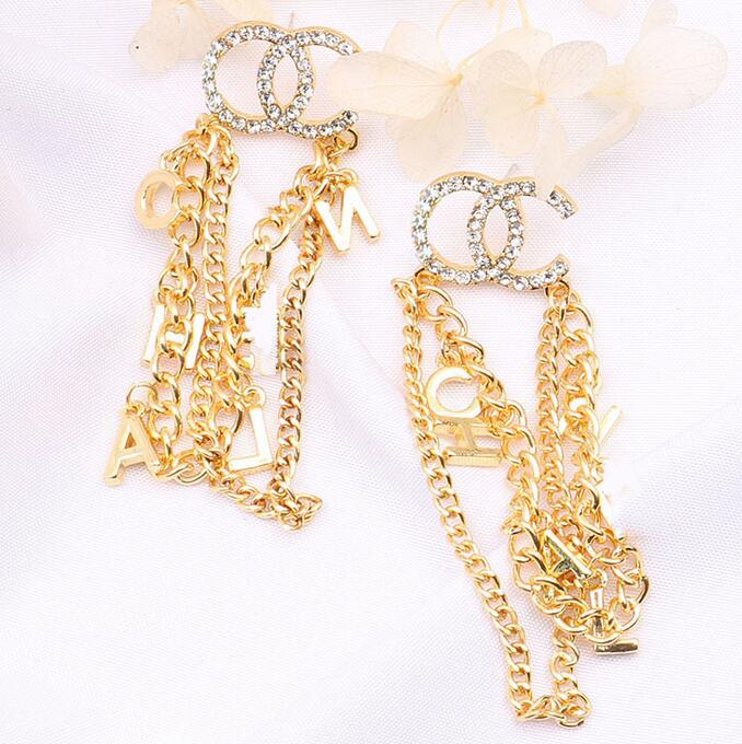 

8colors 18K Gold Plated Designer Letters Stud Luxury Tassel Crystal Geometric Women Rhinestone Pearl Exaggerate Long Earring Wedding Party Jewerlry Accessories