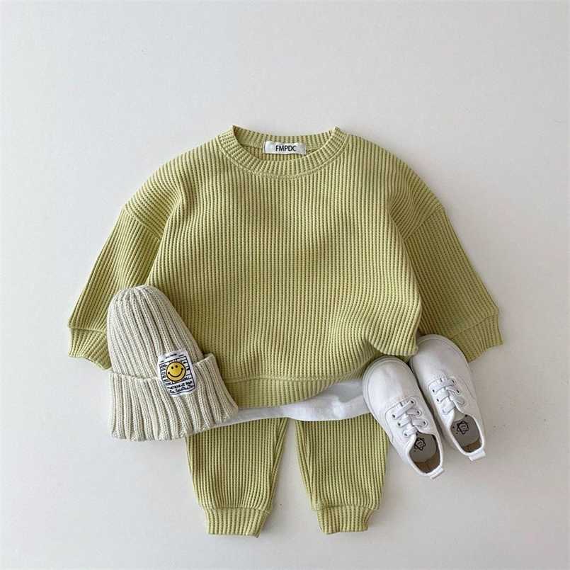 

Fashion Toddler Baby Girl Clothing Sets for Infant Waffle Cotton Baby Boys Clothes Set Sweatshirt+Pants 2pcs Outfit Kids Costume 220124, Pink