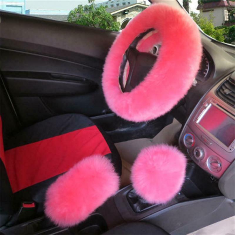 

Steering Wheel Covers 3PCS Real Australian Wool Cover Furry Fluffy Car Accessory