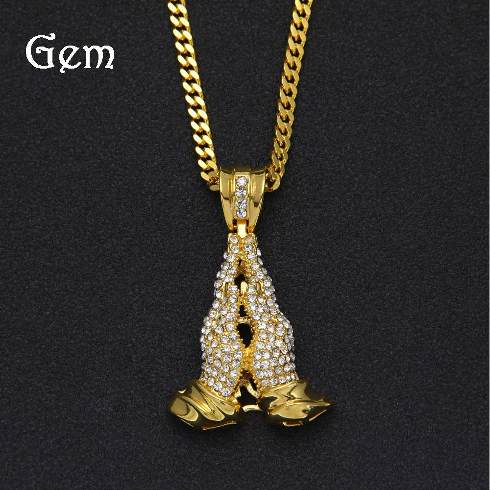 

Men's hip hop new necklace exaggerated diamond inlaid praying hand Pendant