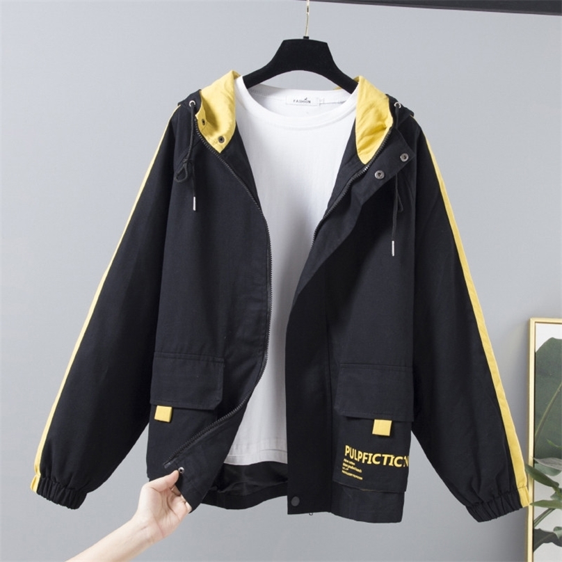 

Women Jackets Spring Autumn Hooded Loose Long Sleeve Zipper Jacket Female Casual Windbreaker Patchwork Streetwear Korean Outwear 210525, Photo color 2