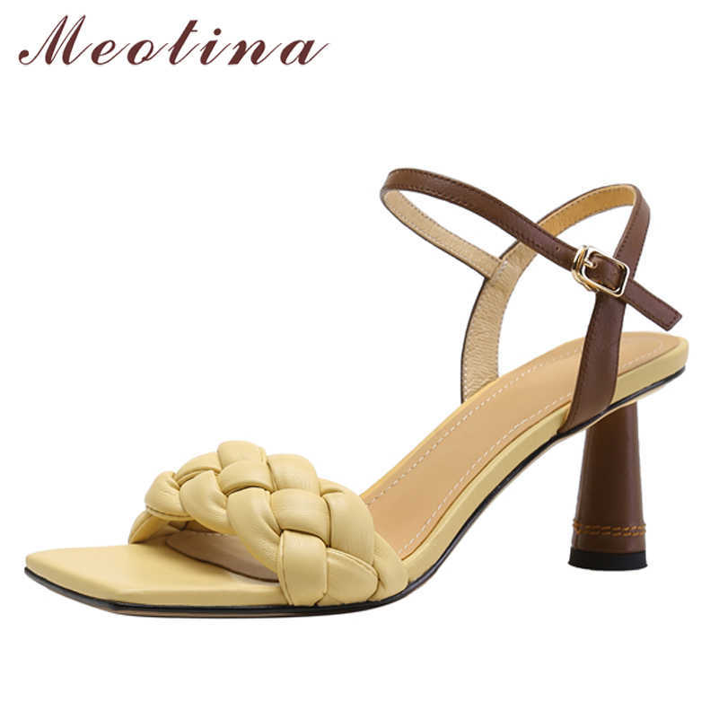 

Meotina Shoes Women Genuine Leather Sandals High Heel Sandals Square Toe Shoes Round Heel Cow Leather Ladies Footwear Summer 210608, Purple