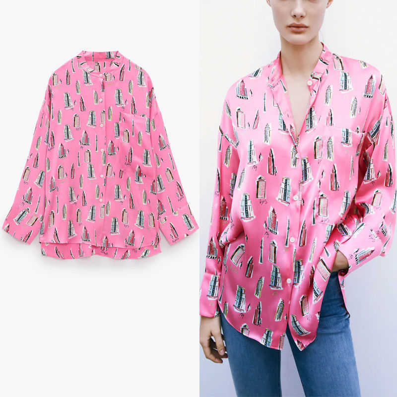 

ZA Flowy Print Spring Shirt Women Long Sleeve Asymmetric Elegant Long Shirts Woman Chic Button Up Pockets Satin Tops 210602, Pink