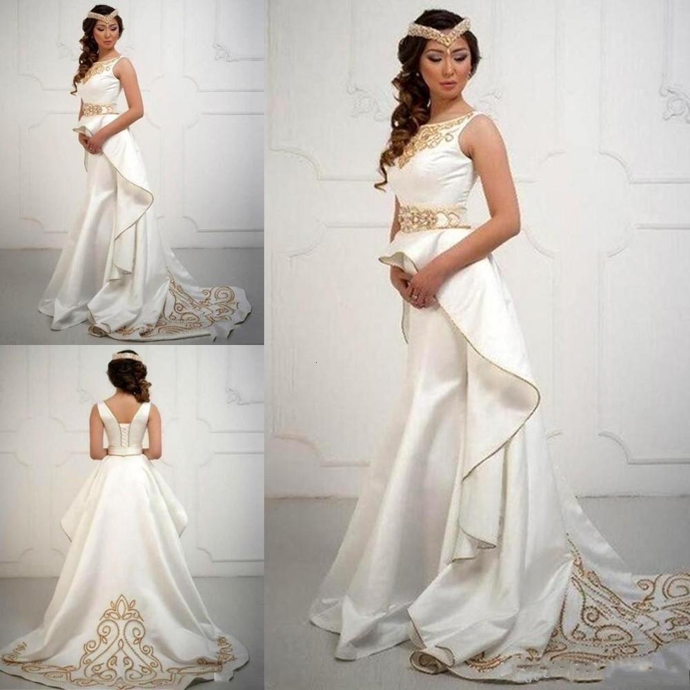 

2021 New Elegant Saudi Arabic Jewel Neck Satin Long Beaded Formal Evening Prom Gowns Special Occasion Es 22dp, Champagne