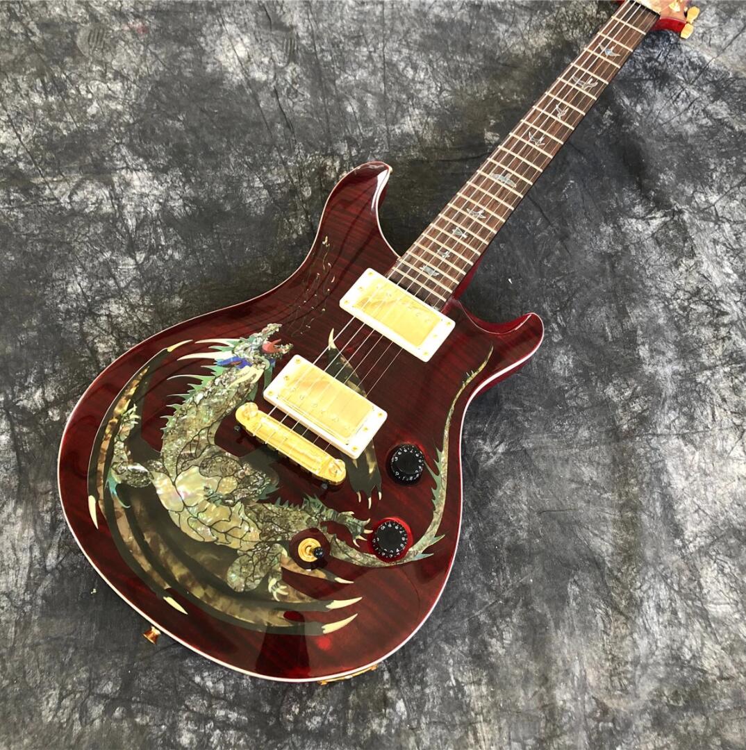 

Reed Smith Private Stock Dragon Dark Red Flame Maple Top Electric Guitar Abalone Birds Inlay, Wrap Arround Bridge, Gold Hardware