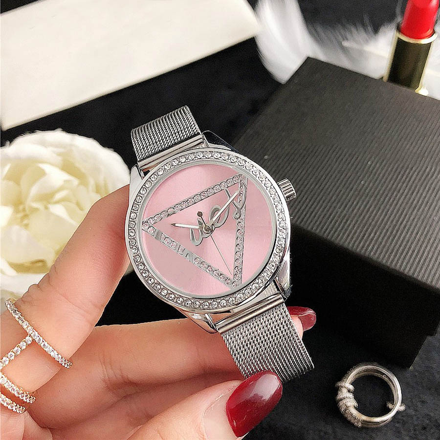 

Popular Casual Top Brand women Girl crystal triangle style steel metal band quartz wrist watch GS39, Slivery;brown