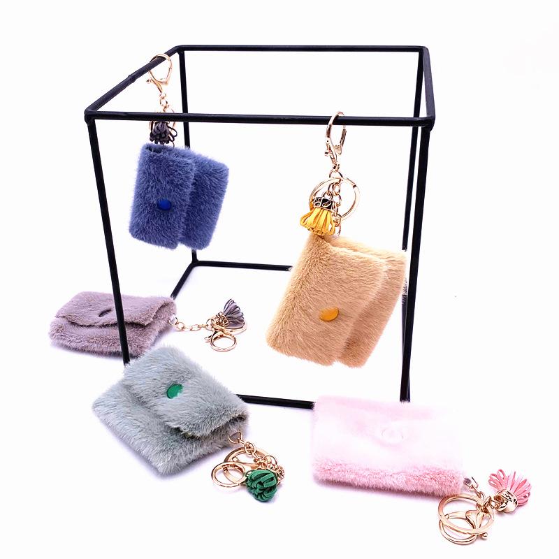 

Keychains Fluffy Coin Purse Key Chain Faux Fur Tassel Flower Keyrings For Women Car Bag Moible Phone Pendant Holder Jewelry Gift