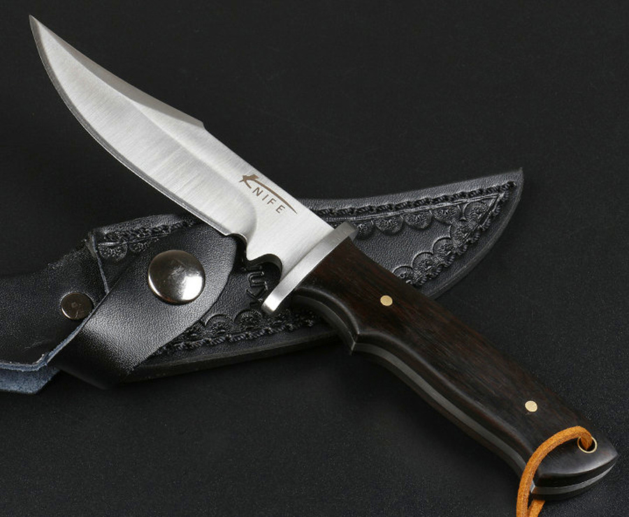 

Ex-factory Price urdoor Survival Straight Hunting Knife 440C Satin Bowie Blade Full Tang Ebony Handle Fixed Blades Knives With Leather Sheath