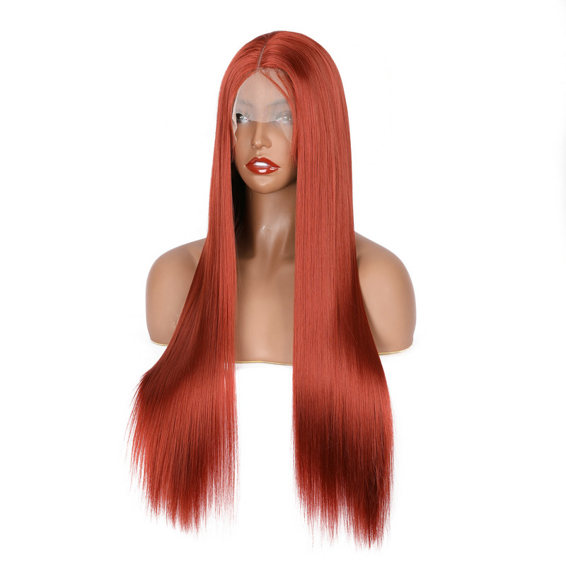 Costume Accessories Dark Brown Ginger Color Long Straight Wigs Glueless Lace Front Hair Wigs Synthetic Heat Resistance Wigs 180% Density Pre-image-749168548