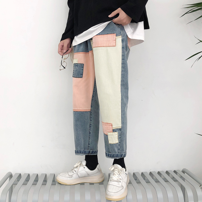 

2021 New Men's Wide Leg Patch Baggy Homme Casual Pants Cargo Pocket Jeans Biker Denim Blue Color Trousers Size S-2xl M0km, K929 blue