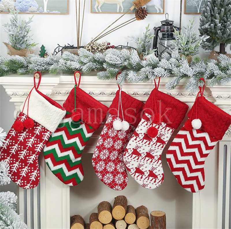 

Knit Christmas Stockings Decor Christma Trees Ornament Party Decorations Reindeer Snowflake Stripe Candy Socks Bags Xmas Gifts Bag DD426