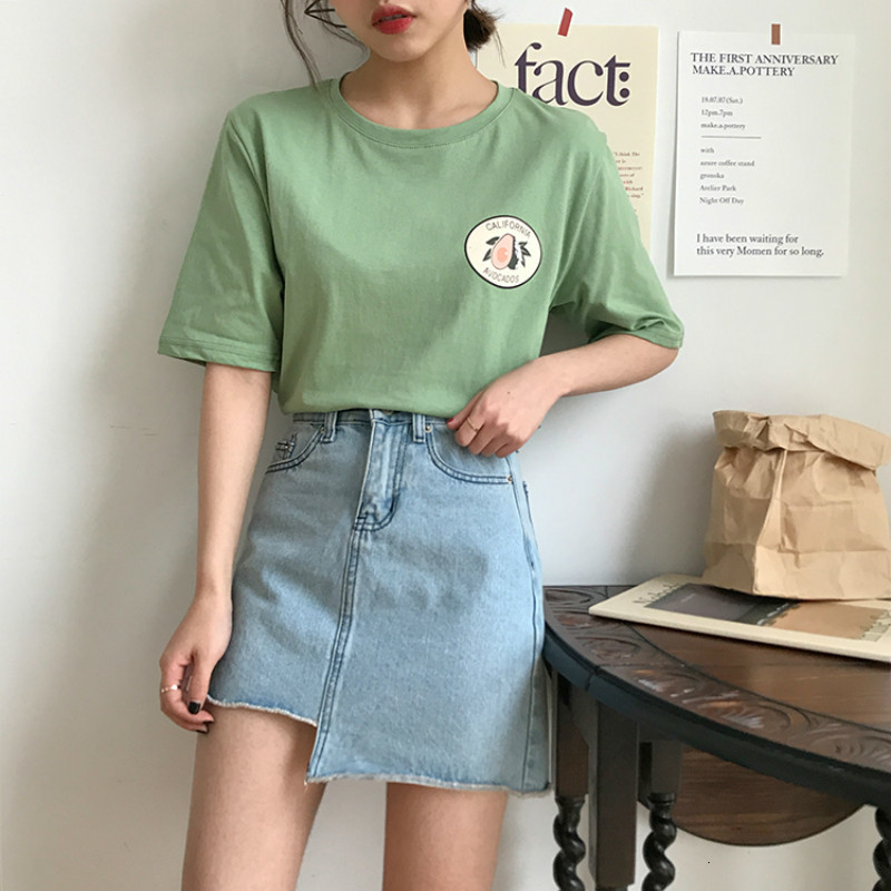

2021 New Korean Ulzzang Abacate Graphic Emblem t of Women Will See the Mango-neck Short Tess Schoolgirl Shirt Beautiful Tops Clothes 6fed, Army green.