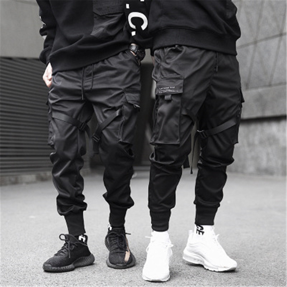 

2021 New Multi-pocket Pants Harem Joggers Harajuku Sweatpant Hip Hop Men Ribbons Color Block Black Casual Trousers High Quality 6ir0
