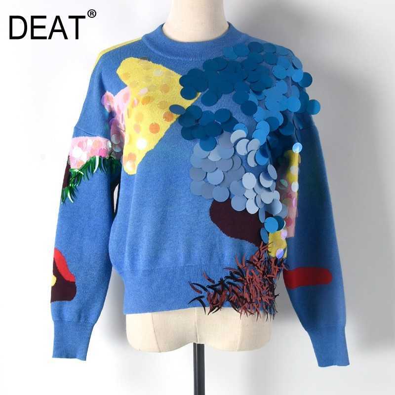 

[DEAT] Sequins Knitted Pullovers Sweater Loose Fit Round Neck Long Sleeve Women Fashion Spring Autumn 13T723 210527, Blue