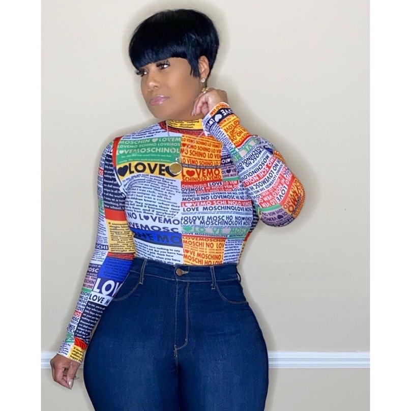 

CM.YAYA High Street Letter Print Women Long Sleeve Turtleneck T-shirt Tops for Fashion Vintage Tee Top 210720, Multicolor