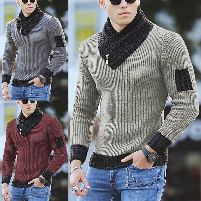 

Men' Sweaters Casual Slim Knit Sweater Pullover Long Sleeve Scarf Collar Color Block Autumn And Winter, Khaki