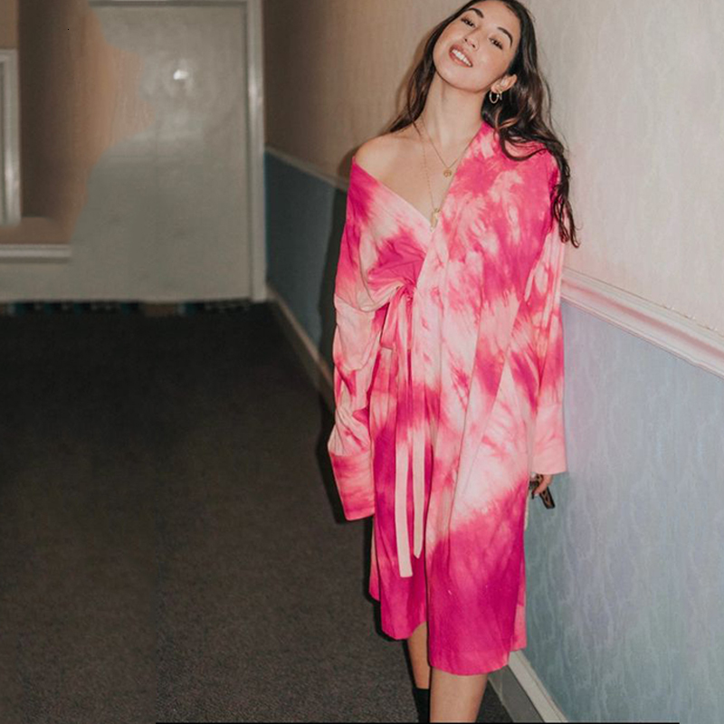 

2021 Deep V-neck Vintage Pink Tie Dye Shirt Women Mid-length Sweet Sexy Female Es Autumn Long Sleeve New Streetwear Id8s
