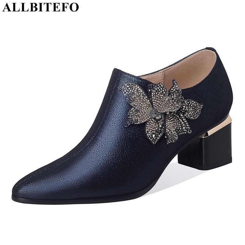 

ALLBITEFO large size:33-42 genuine leather thick heels office ladies shoes flowers brand high heels women shoes women heels 210611, As picture