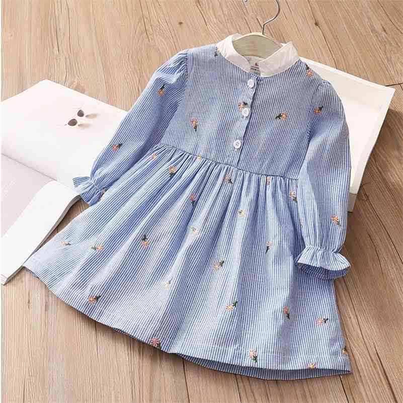 

Spring Autumn 2 3 4 6 8 10 12Years Long Sleeve Children Embroidered Floral Pattern Crew Neck Baby Kids Girl Striped Dresses 210701, Blue