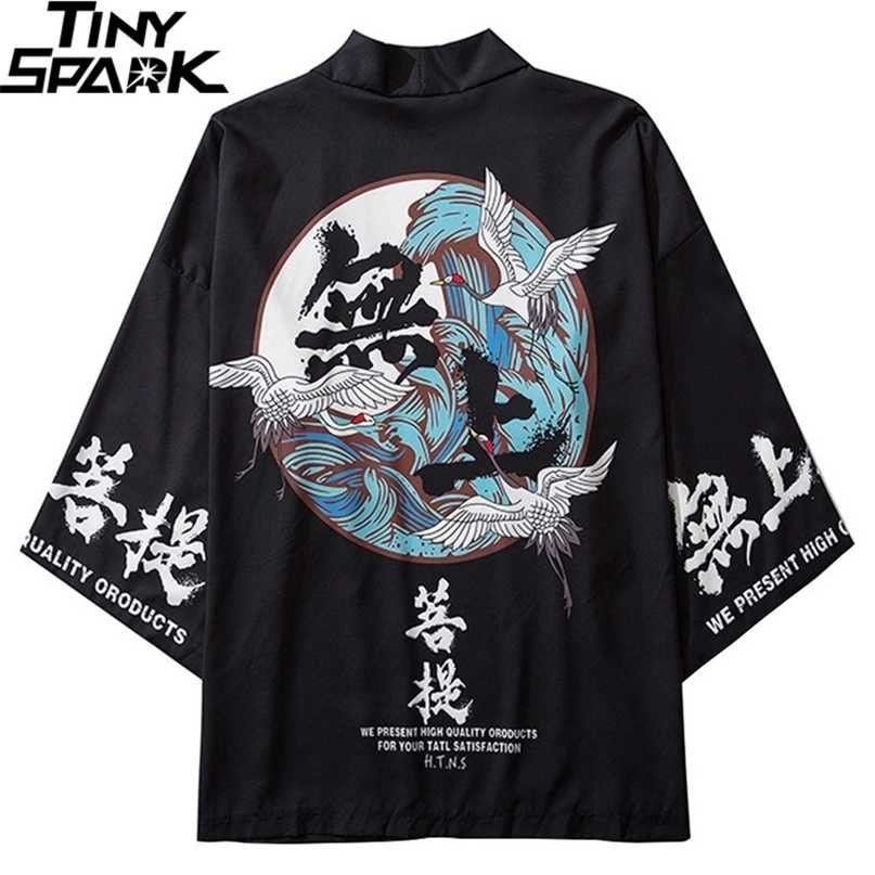 

Japanese Kimono Jacket Kanji Buddha Crane Printed Harajuku Hip Hop Men Japan Streetwear Summer Thin Loose 211110, A226024 black
