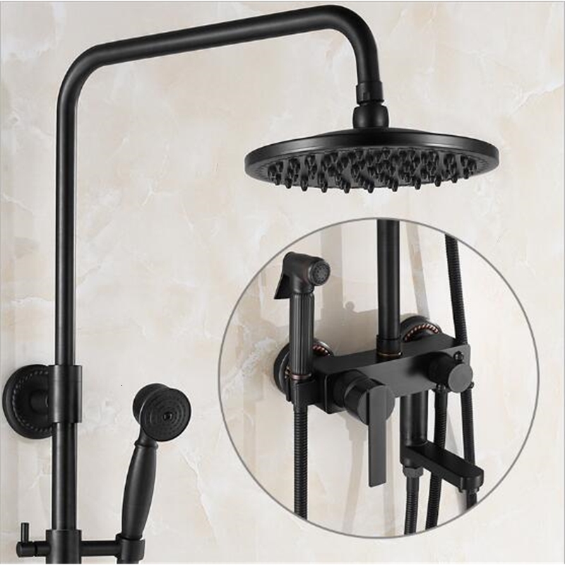 

2021 New Brass Black Bathtub Square Tube Top Rain with Slide Bar Wall Bath and Shower Faucet Mixer Set 0nws