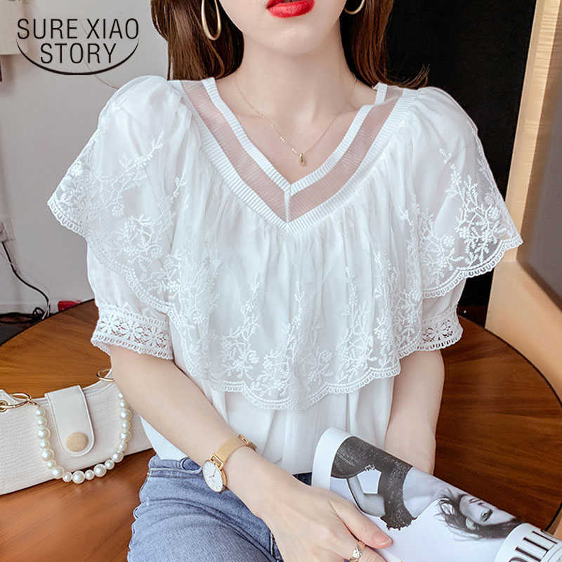 

Blusas Summer V-neck Blouse Loose Ruffled Patchwork Lace Short Sleeve Blouses Women Sweet Elegant Shirt Clothes 14288 210527, White