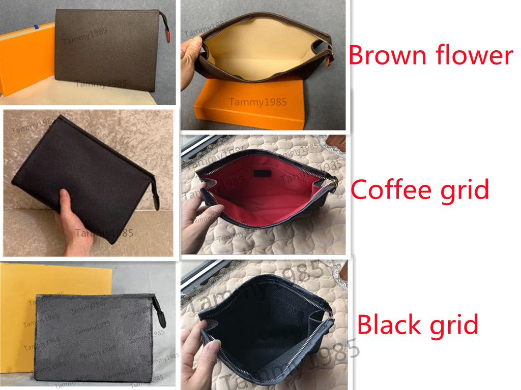 

High Quality Travel Toiletry Pouch 26 cm Protection Makeup bags Clutch Women Leather Waterproof Cosmetic For men With Dust Bag, Black grid