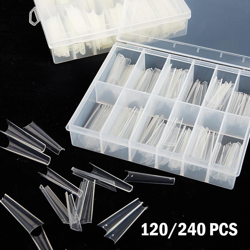 

False Nails 120/240pcs/Box Extra Long Coffin Nail Tips Half Cover Clear/Natural Fake Press On Acrylic Salon Supply, Red;gold