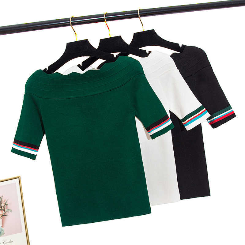

Short T-Shirt Female Slash Neck Asymmetry T Women Clothes Striped Summer Tops Knitted Tee Femme Camisas Mujer 210615, Green t shirt