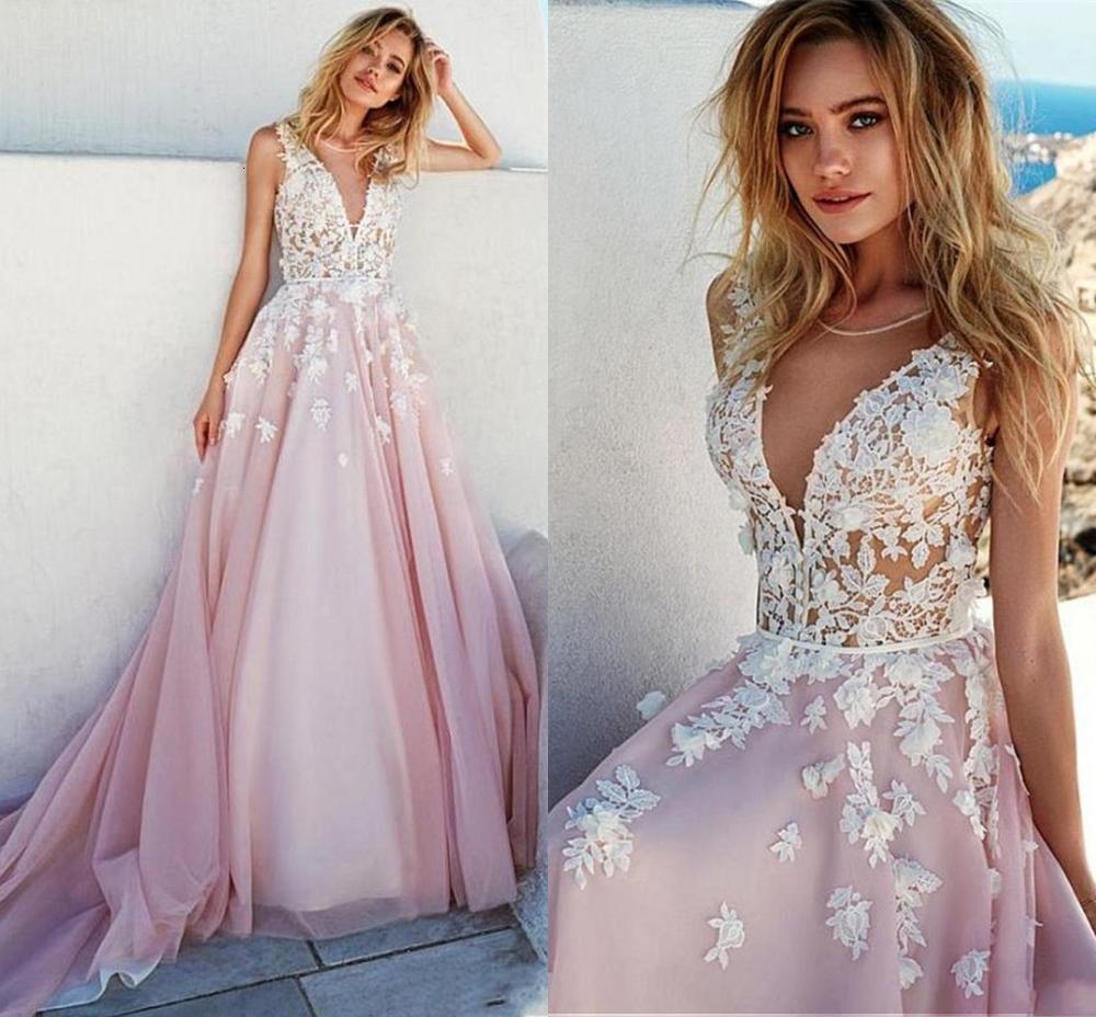 

2021 New Romantic Pink V-neckline A-line Wedding Es with 3d Beaded Handmade Flowers Applique Blush Bridal Open Back Boho Fcj1, White