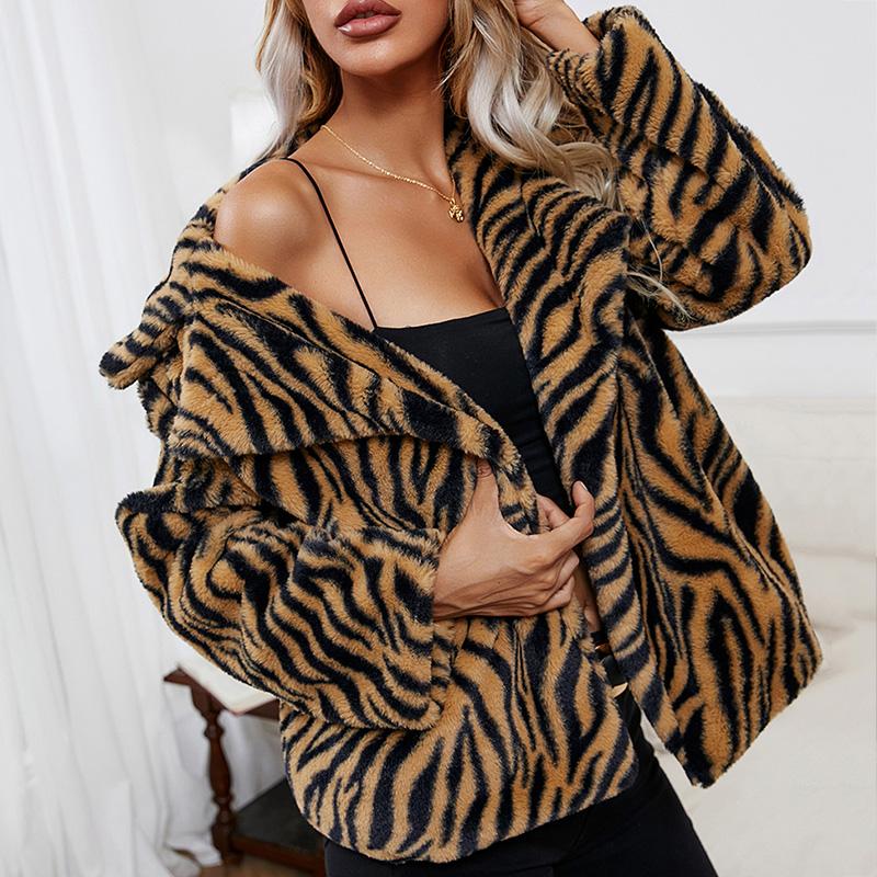 

Women's Fur & Faux Women Winter Warm Coats Sexy Leopard Jacket Zebra Pattern Long Sleeve Turn-down Collar Cardigan Outwear Lady Top Streetwe, Black