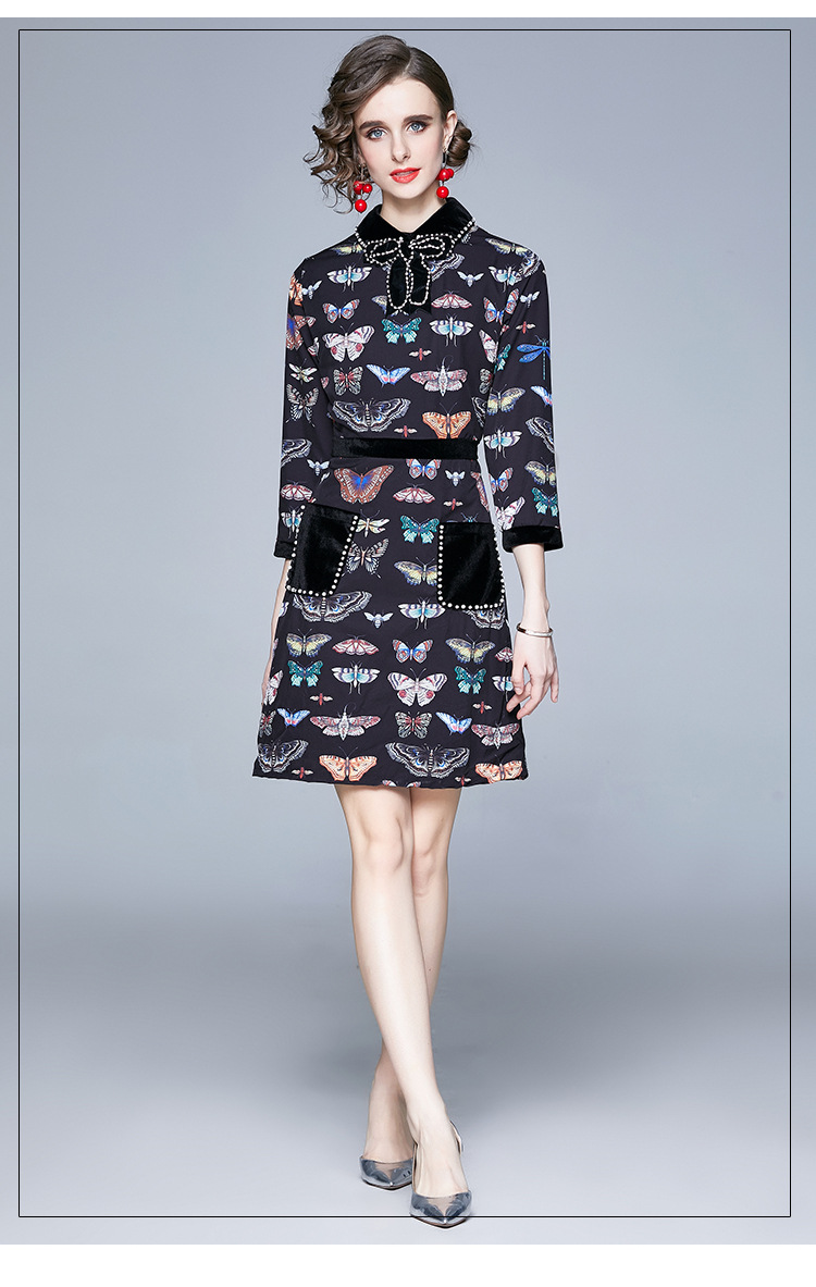 

black Women 2021 New Spring Lapel Bowknot Beaded Diamond Butterfly Print Retro Hepburn Dress
