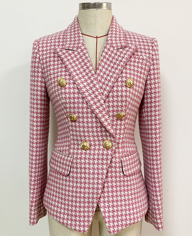 

New Style Top Quality Original Design Women' Double-Breasted Slim Blazer Jacket Pink Houndstooth Metal Buckles Woolen Blazer Outwear
