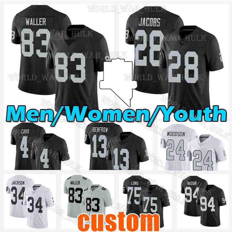 

17 Davante Adams Football Jersey 98 Maxx Crosby 83 Darren Waller Josh Jacobs Hunter Renfrow Derek Carr Charles Woodson Howie Long Bo Jackson, Men custom jersey(tuxi)+patch