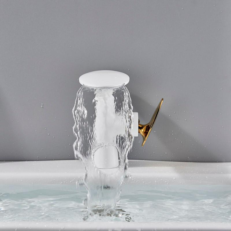 

White Golden Basin Faucet Single Lever Waterfall Bathroom Vessel Sink Tap Deck Mounted Basin Mixer Faucet Hot Cold Water Tap