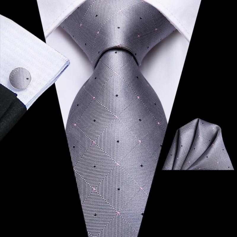 

Bow Ties Grey Plaid Dot Silk Wedding Tie For Men Handky Cufflink Gift Mens Necktie Set Fashion Design Business Party Dropshiping Hi-Tie
