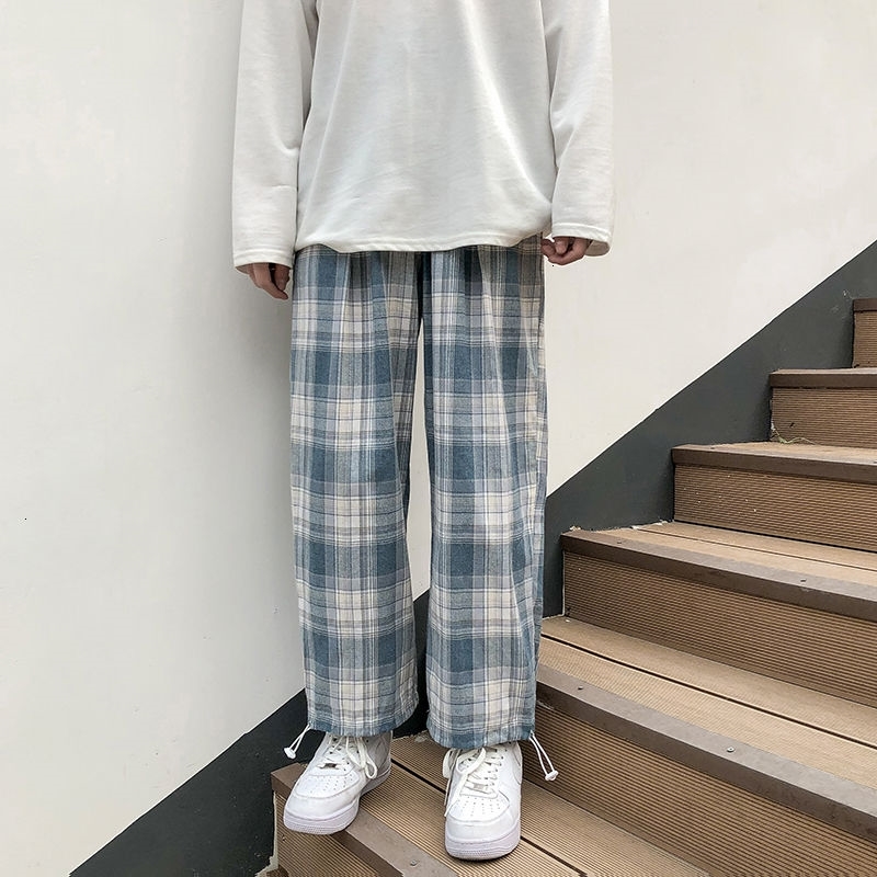 

2021 New Spring Summer Plaid Men's Fashion Retro Casual Men Streetwear Korean Hip-hop Straight Wide-leg Pants Mens Trousers Mvcz, Blue