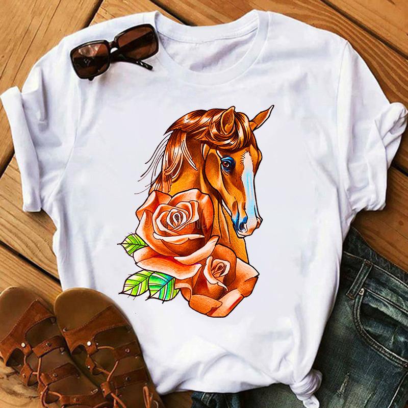 

Women' T-Shirt Fashion Horse Head Flower Print Tshirt Women Ulzzang Harajuku Short Sleeve Grunge Graphic Streetwear Tees Female, 7477